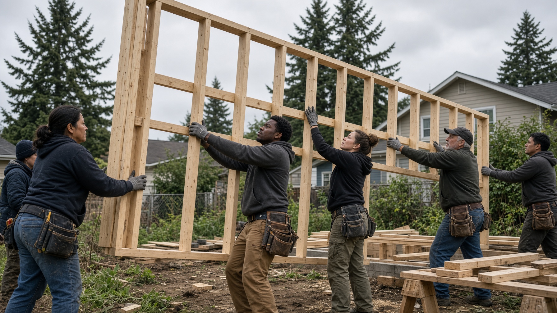 Volunteer crew raising a wood wall frame