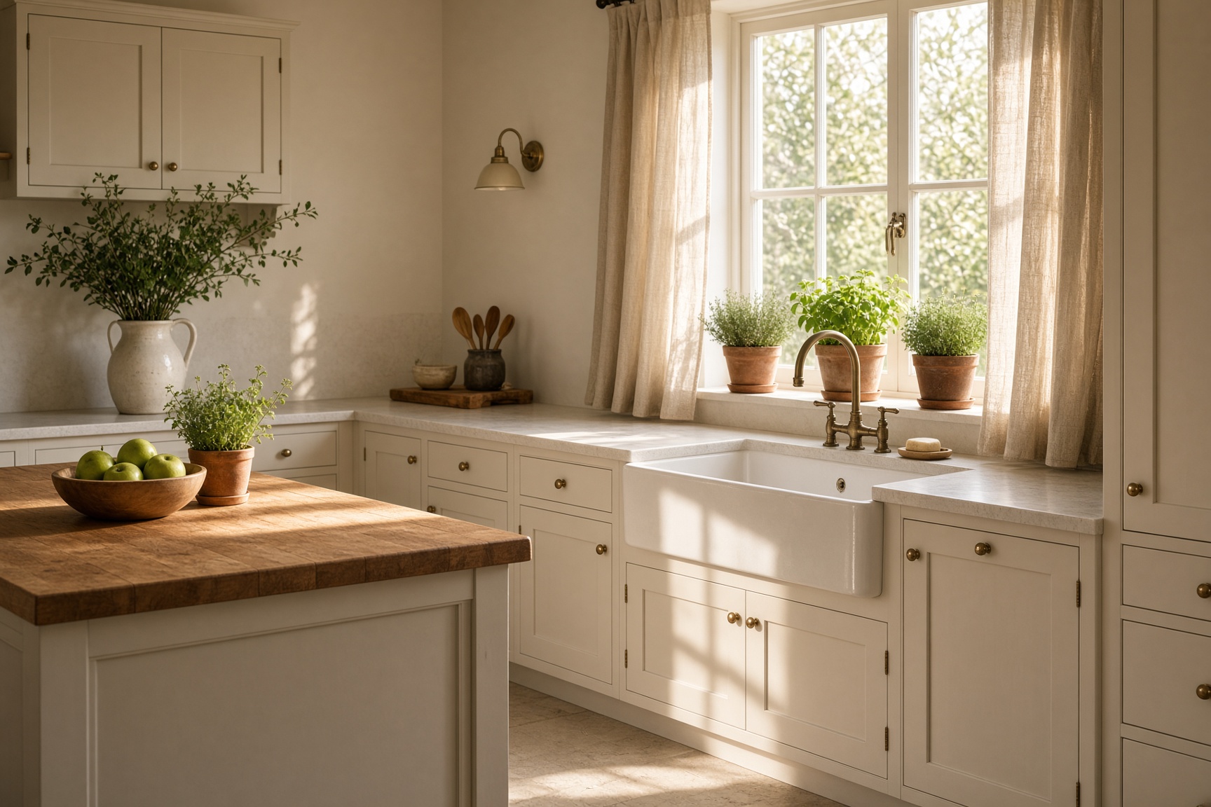Restored kitchen with cream cabinets, butcher-block island, and morning light