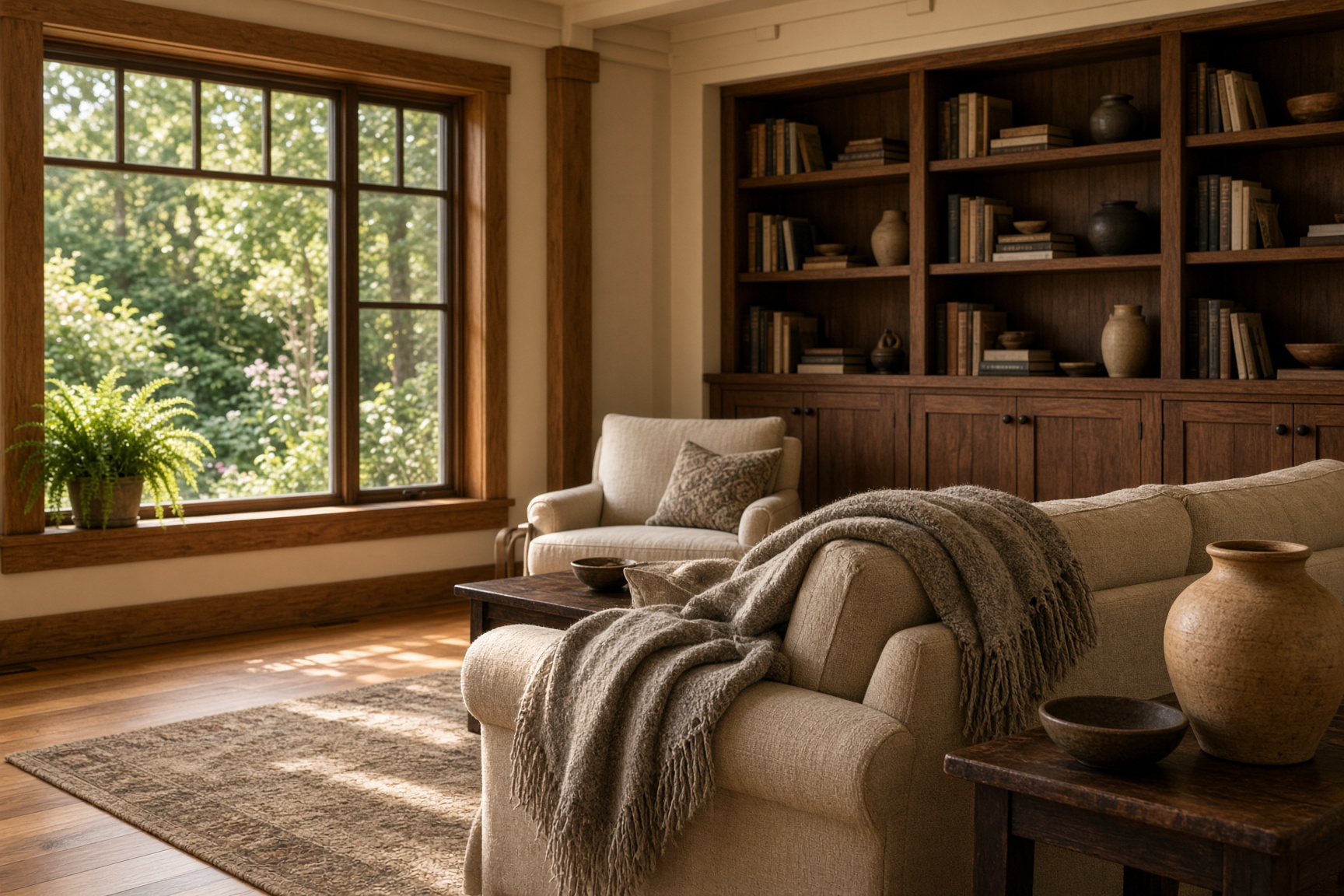 Craftsman living room with oak floors, built-ins, and garden light