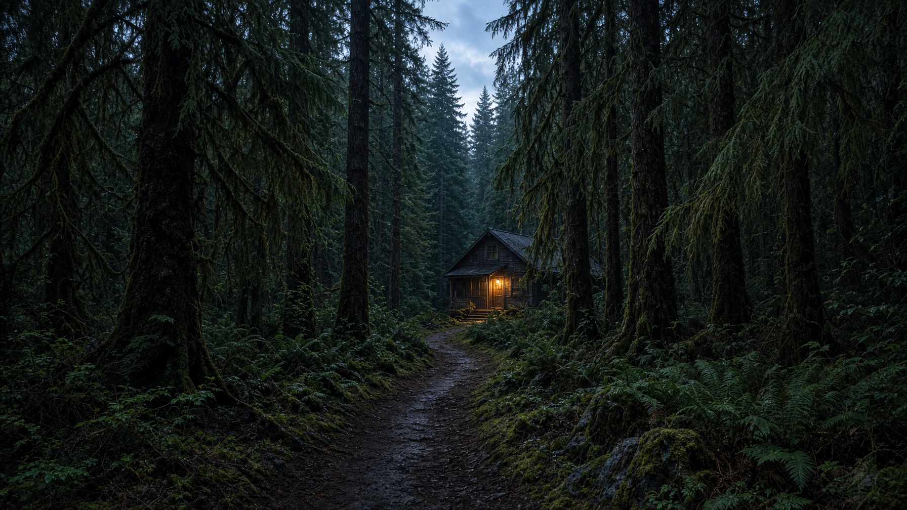 A narrow forest path leading toward a house with a porch light